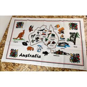 VTG Australia Map Kitchen Tea Towel‎ Souvenir 100% Cotton 18"x29" Koala Bear NOS